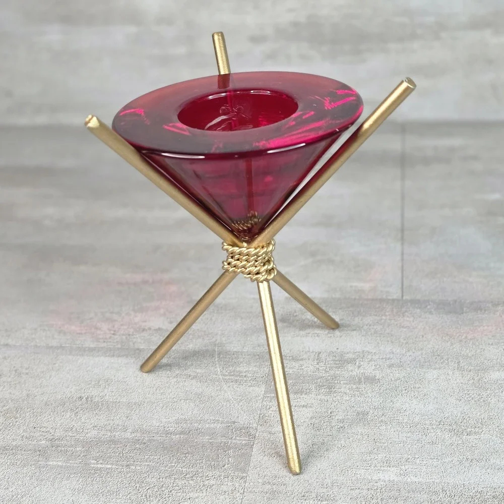 VintageZodax Candle Holders Metal Tripod Design Red Amber Glass Made In Portugal